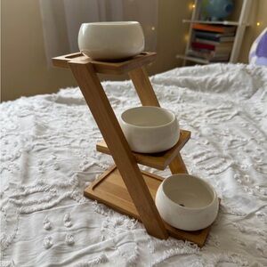 Bamboo Stand with White Ceramic Bowls